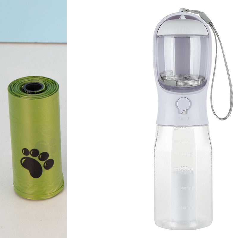 Portable 3-in-1 Pet Water Bottle – Feeder, Drinker & Poop Bag Dispenser