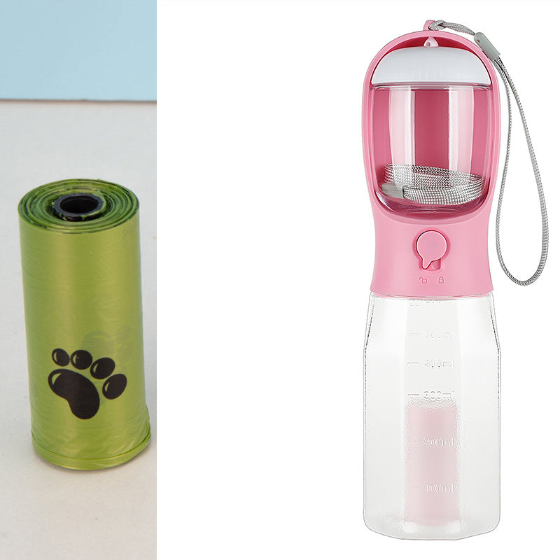 Portable 3-in-1 Pet Water Bottle – Feeder, Drinker & Poop Bag Dispenser
