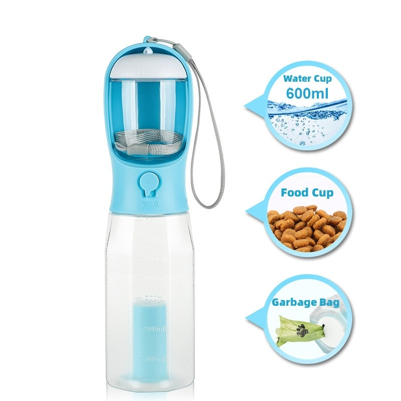 Portable 3-in-1 Pet Water Bottle – Feeder, Drinker & Poop Bag Dispenser